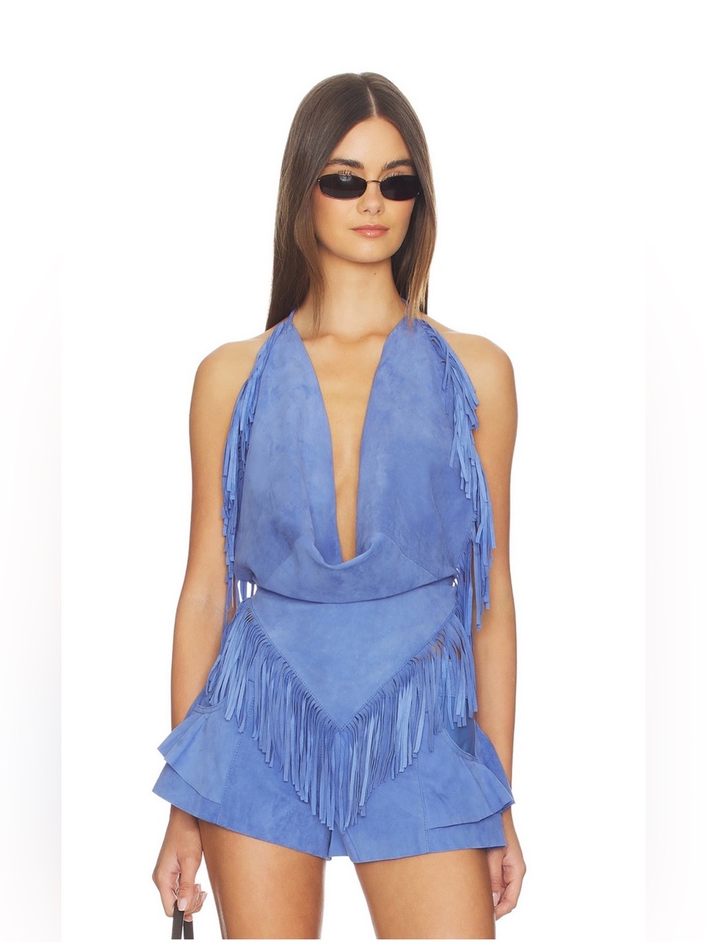 NWT Understated Leather FRINGED HALTER TOP IN PALACE BLUE - Picture 2 of 7